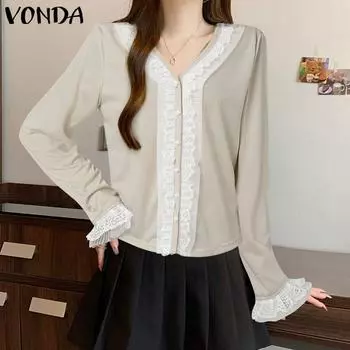 VONDA Женские осенние кружевные футболки с V-образным вырезом и длинным рукавом S бежевый