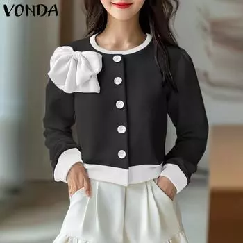 VONDA Женские осенние куртки с круглым вырезом и длинными рукавами с контрастным цветным галстуком S бежевый