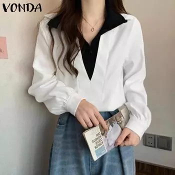 VONDA Женские осенние лацканы с длинным рукавом, имитация двухкомпонентных блузок S синий