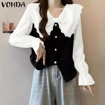 VONDA Женские осенние лацканы с завязками и кружевом с длинным рукавом контрастного цвета блузки S чёрный