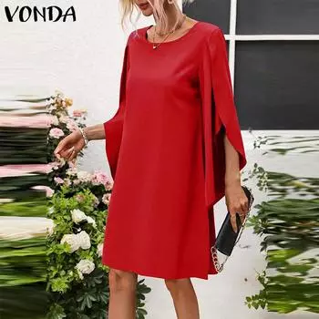 VONDA Женские осенние модные платья с круглым вырезом и длинными рукавами S зелёный