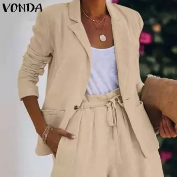 VONDA женские осенние однотонные свободные длинные рукава теплые пиджаки XL чёрный