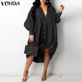 VONDA Женские осенние платья-фонарики с воротником-рубашкой и длинными рукавами S чёрный