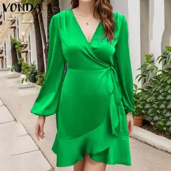 VONDA Женские осенние платья-фонарики с V-образным вырезом и длинными рукавами M зелёный