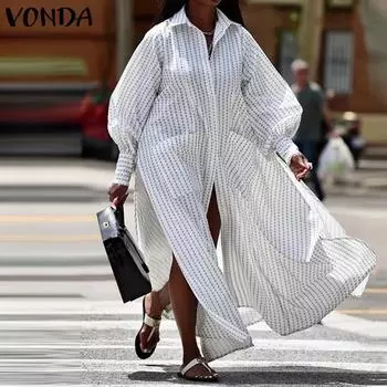 VONDA Женские осенние платья-рубашки с длинным рукавом и полосатым принтом и карманами S серый