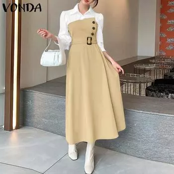 VONDA Женские осенние платья-рубашки с воротником-стойкой из двух частей с длинным рукавом M хаки