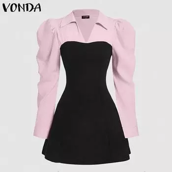 VONDA Женские осенние платья с воротником-рубашкой, длинным рукавом, имитацией двух частей S синий