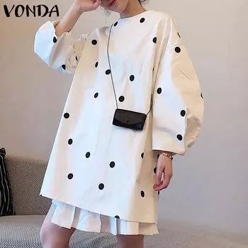 VONDA Женские осенние платья с круглым вырезом и длинным рукавом в горошек S жёлтый