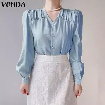 VONDA Женские осенние рубашки с V-образным вырезом и длинным рукавом, плиссированные S светло-синий