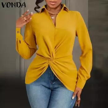 VONDA женские осенние рубашки с воротником с лацканами и длинными рукавами, нерегулярный подол