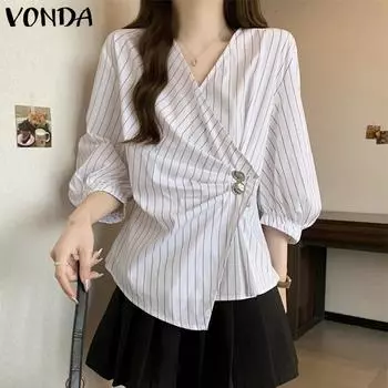 VONDA Женские осенние рубашки в полоску с V-образным вырезом и рукавом 3/4 с отделкой пуговицами S чёрный