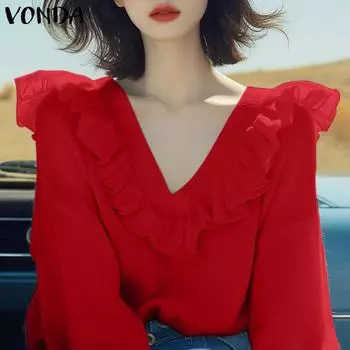 VONDA Женские осенние свитера-пуловеры с длинным рукавом и оборками и V-образным вырезом S жёлтый