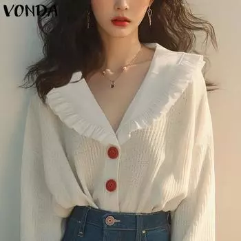 VONDA Женские осенние свитера с длинными рукавами и оборками на лацканах S белый