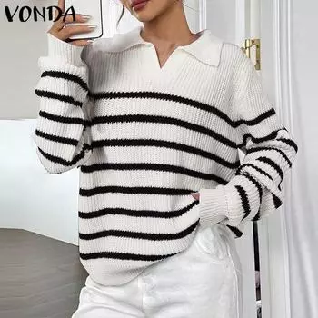 VONDA Женские осенние свитера с длинными рукавами и лацканами в полоску M белый