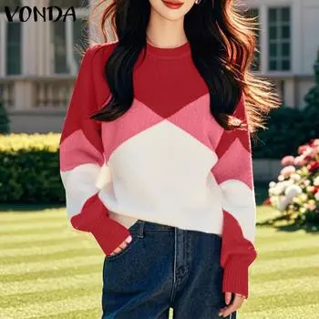 VONDA Женские осенние свитера с круглым вырезом и длинным рукавом контрастного цвета S красный