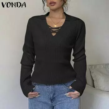 VONDA Женские осенние свитера с V-образным вырезом и декоративными полосками с длинными рукавами M чёрный
