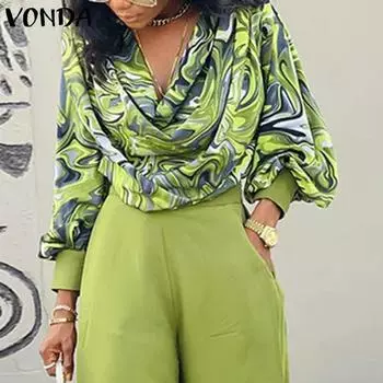 VONDA Женские осенние свободные блузки с длинным рукавом и принтом в складку S жёлтый