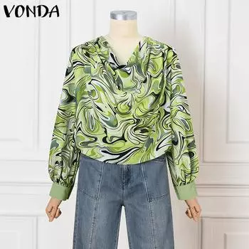 VONDA Женские осенние свободные блузки с длинным рукавом и принтом в складку S зелёный