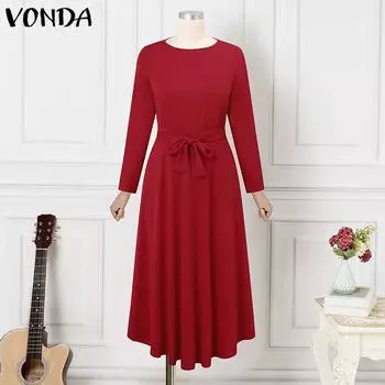 VONDA Женские осенние свободные однотонные платья с длинным рукавом и круглым вырезом M красный