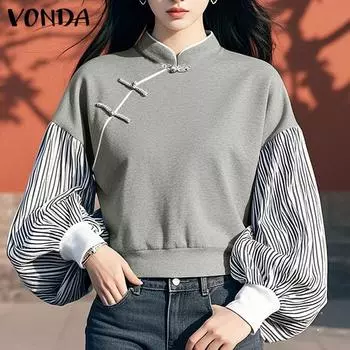 VONDA Женские осенние толстовки с длинным рукавом в полоску со стоячим воротником S серый
