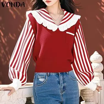 VONDA Женские осенние толстовки с длинным рукавом в полоску с лацканами S синий