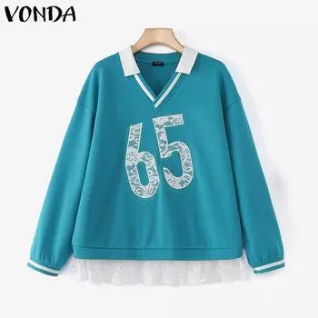 VONDA Женские осенние толстовки с длинным рукавом и контрастным кружевным принтом S чёрный