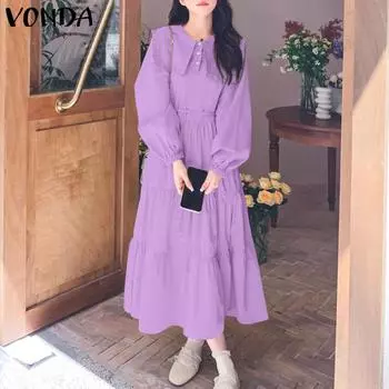 VONDA Женские платья А-силуэта с длинными рукавами и оборками-лацканами S фиолетовый