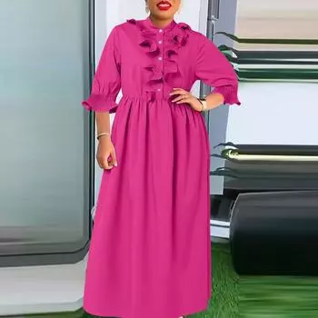 VONDA Женские платья больших размеров с воротником-стойкой и оборками, со средним рукавом, однотонные платья S ярко-розовый