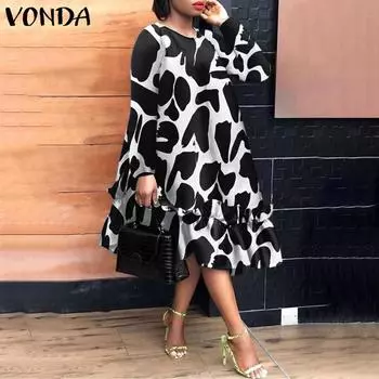 VONDA Женские платья больших размеров с круглым вырезом и длинными рукавами с оборками по подолу M чёрный