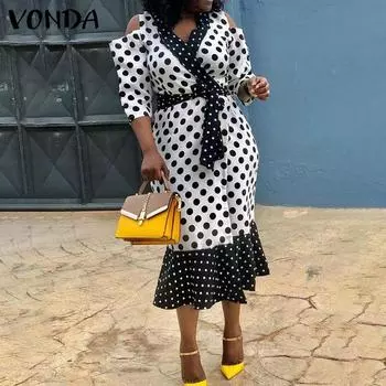 VONDA Женские платья больших размеров с V-образным вырезом и длинным рукавом с принтом в горошек контрастного цвета S белый