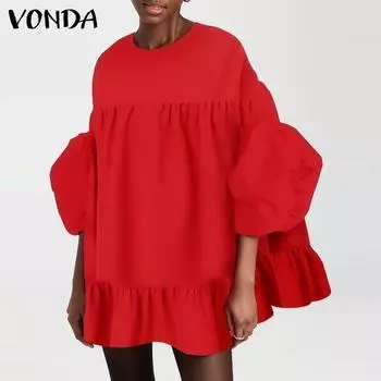 VONDA женские платья больших размеров с круглым вырезом и длинными рукавами и листом лотоса, однотонные платья L красный