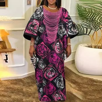 VONDA Женские платья большого размера с круглым вырезом и принтом роз с длинными рукавами S оранжевый