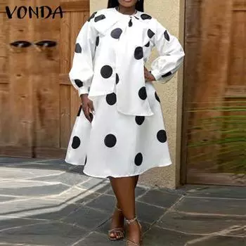 VONDA Женские платья большого размера с круглым вырезом и длинным рукавом в горошек S белый