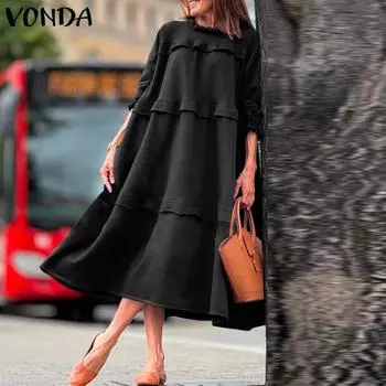 VONDA Женские платья большого размера с круглым вырезом и длинным рукавом, однотонные S чёрный