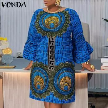VONDA женские платья-миди больших размеров с круглым вырезом, расклешенными длинными рукавами и принтом