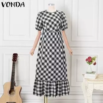 VONDA Женские платья с круглым вырезом, клетчатой вставкой, короткими рукавами и оборками S чёрный