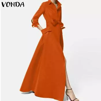 VONDA Женские платья с воротником-стойкой и длинным рукавом, завязывающиеся на талии S синий