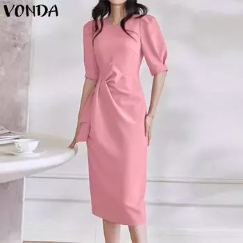 VONDA женские плиссированные однотонные платья миди с круглым вырезом и средними рукавами, завязками на талии
