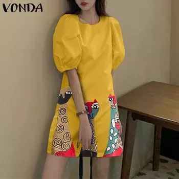 VONDA женские плиссированные однотонные свободные короткие платья с круглым вырезом и пышными рукавами с животным принтом