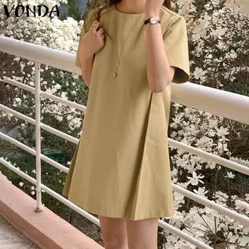 VONDA женские плиссированные однотонные свободные платья с круглым вырезом и короткими рукавами