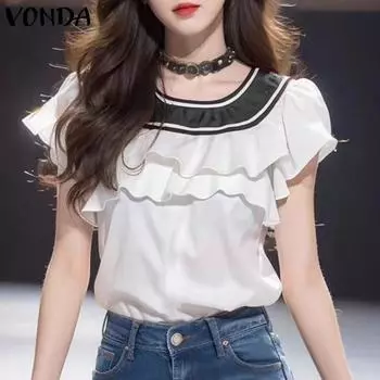 VONDA Женские повседневные блузки с круглым вырезом и коротким рукавом с оборками и контрастными вставками M чёрный