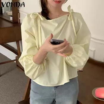 VONDA Женские повседневные блузки с круглым вырезом и длинным рукавом-фонариком 3XL жёлтый