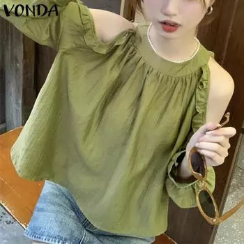 VONDA Женские повседневные блузки с круглым вырезом и оборками на плечах с длинным рукавом 4XL чёрный