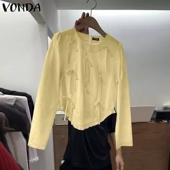 VONDA Женские повседневные блузки с круглым вырезом и длинным рукавом, асимметричный подол S розовый
