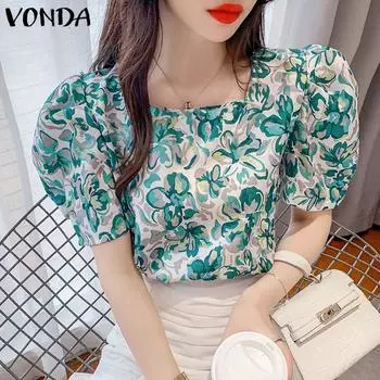 VONDA Женские повседневные блузки с квадратным вырезом и короткими рукавами с цветочным принтом S синий