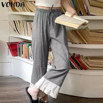 VONDA Женские повседневные брюки в клетку с эластичным поясом и завязками S чёрный