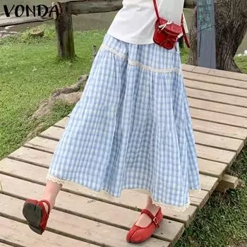 VONDA Женские повседневные клетчатые кружевные юбки в стиле пэчворк M синий