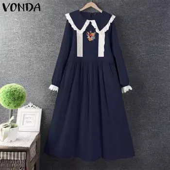 VONDA Женские повседневные кружевные лацканы с длинным рукавом и принтом Платья S розовый