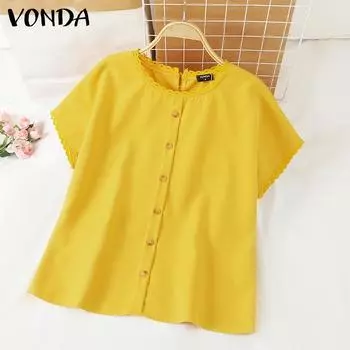 VONDA женские повседневные кружевные однотонные свободные блузки с круглым вырезом и коротким рукавом
