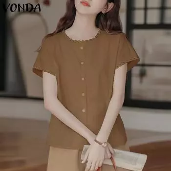 VONDA женские повседневные кружевные однотонные свободные блузки с круглым вырезом и коротким рукавом